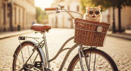 Cute cat in sunglasses in bike basket on vintage bicycle during golden hour, peaceful summer morning vibe, soft natural light, cobblestone street background, lifestyle, travel, pet-friendly content