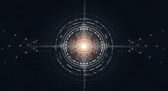 Symmetrical Circuit Core with Radiating Data Rings and Soft Glow Surrounded by Minimal Wireframe Network Grid