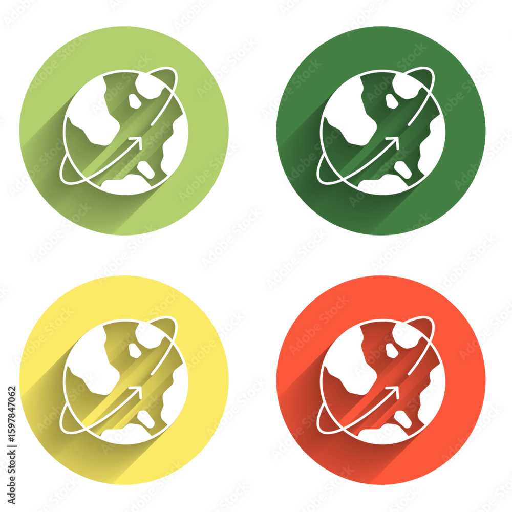 Poster set artificial satellites orbiting the planet earth in outer space icon isolated with long shadow ba