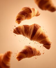 Falling croissants isolated on beige background