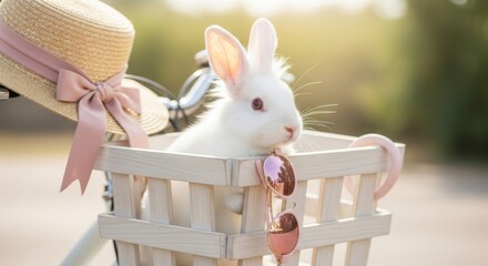 Fluffy white rabbit in wicker basket of front bicycle draped with plaid napkin. Sunglasses hanging off the baskets rim. Summer hat peeking into the frame from handlebars. Background: blurred park