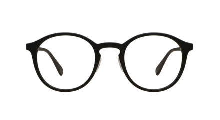 Close-up of black round eyeglasses.