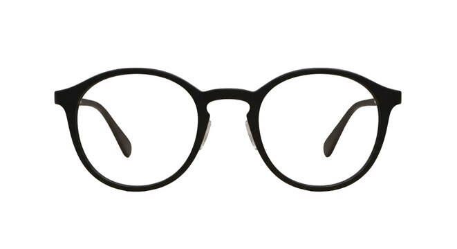 Close-up of black round eyeglasses.