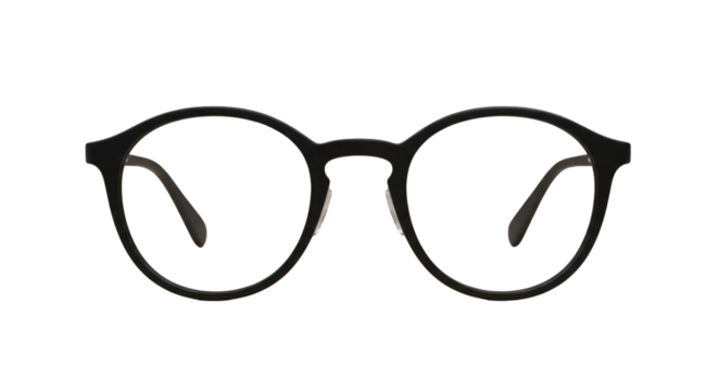 Close-up of black round eyeglasses.