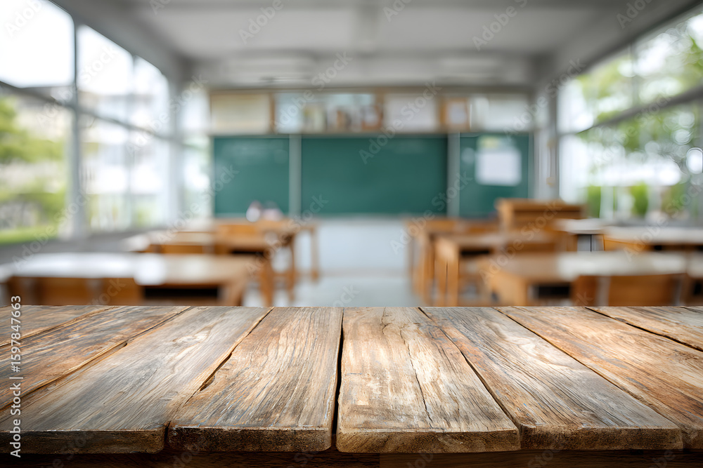 Poster wooden top with blurred empty classroom background can be used for mocking up or display product to 
