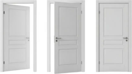 Three White Interior Panel Doors One Partially Ajar Against A Transparent Background Isolate Transparent Background