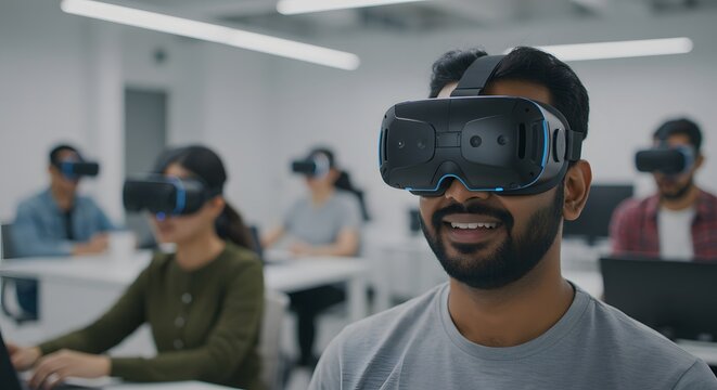 A young man smiles while wearing a VR headset in a classroom with other students also using virtual reality technology. - Powered by Adobe