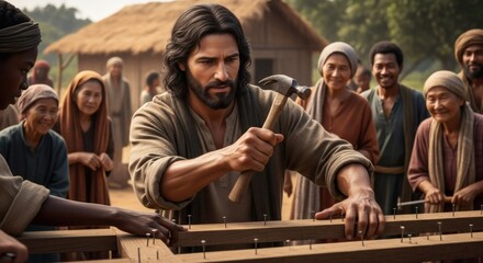 Jesus crafting with wood and hammer surrounded by a diverse community scene
