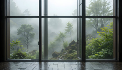 Misty Forest View Through an Open Window, Revealing a Serene and Hazy Landscape with Lush Green Trees

