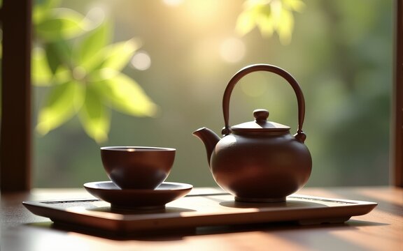 Traditional brown Japanese style ceramic tea set on table with sunlight on. High quality