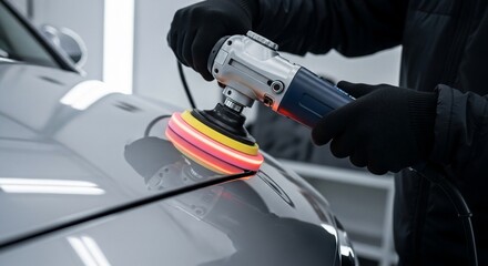 Close-up of a person's hands wearing black gloves polishing the hood of a car with a rotary polisher, creating a glossy finish.