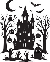 Spooky Halloween haunted house silhouette, moon, bats, and creepy graveyard scene