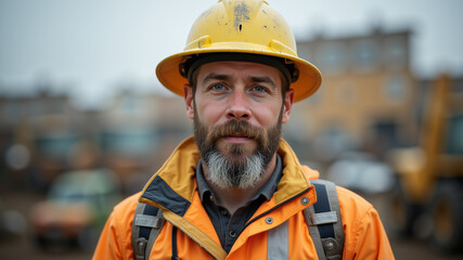 Fototapeta premium A seasoned site manager in orange safety jacket and hard hat overseeing heavy equipment in photo-realistic construction yard