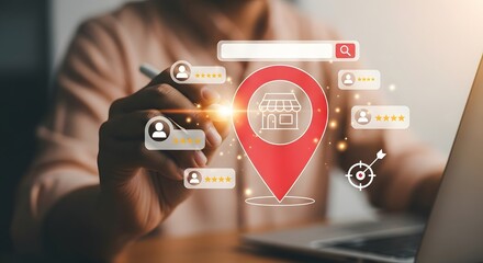 Person interacting with a holographic map marker and social media icons.