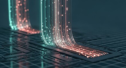 Vertical Quantum Ribbon Structures Flowing Over Tech Grid Surface with Soft Pulsing Light and Depth Layers