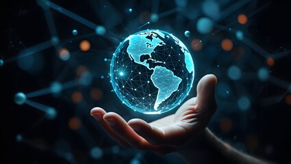 Global network connection technology concept hand holding digital earth sphere