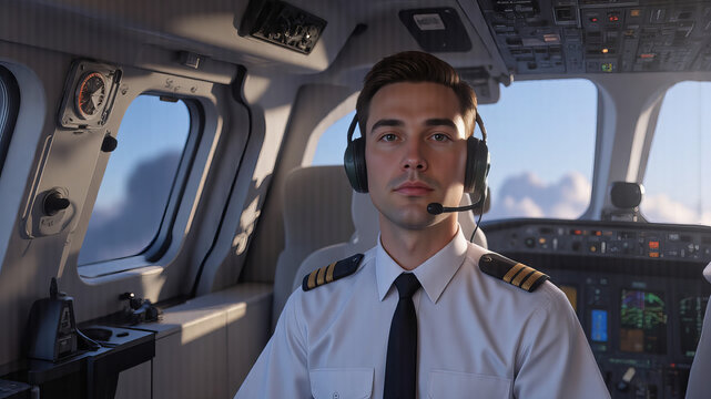 A poised airline pilot in uniform seated at flight deck controls in photo-realistic cockpit environment