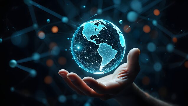 Global network connection technology concept hand holding digital earth sphere - Powered by Adobe
