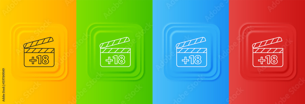 Poster white movie clapper with 18 plus content icon isolated on colorful background. age restriction symbo