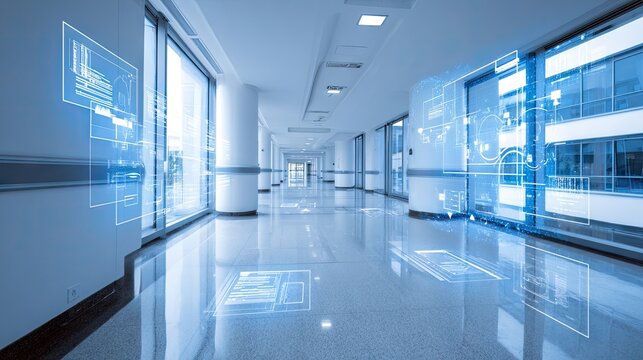 A hospital corridor with projected architectural plans.