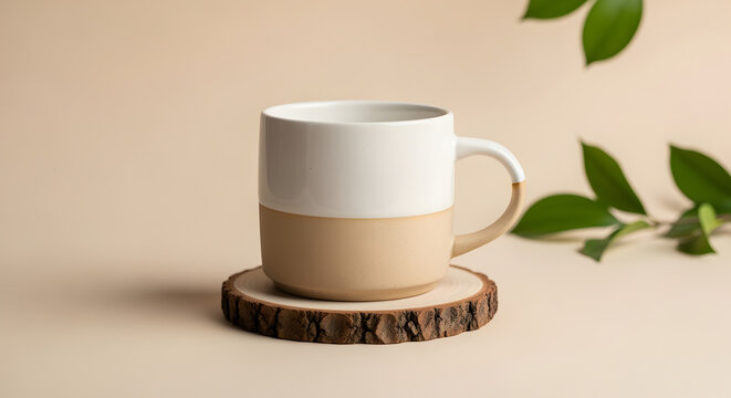 Twotone mug on wooden coaster neutral background with green leaves