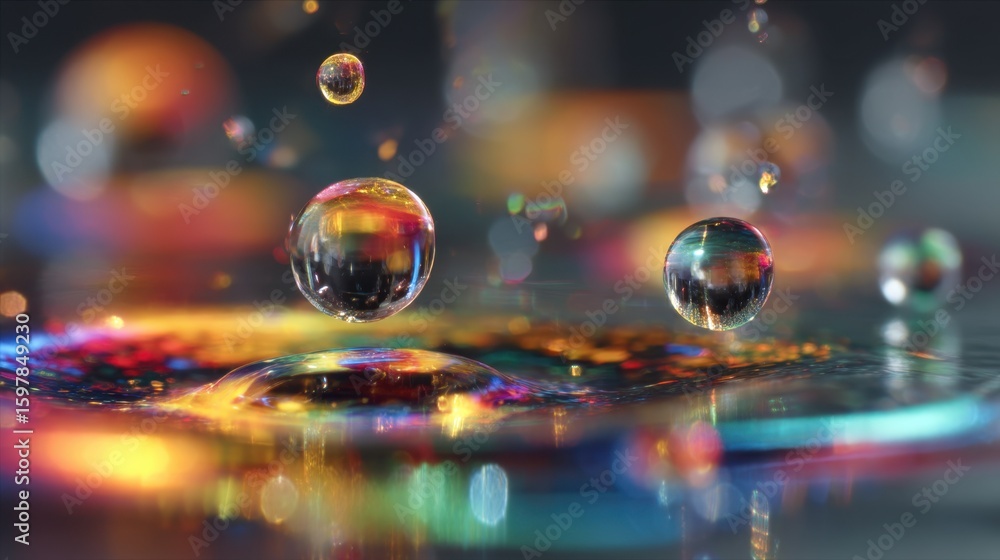 Aufkleber saline droplets suspended midair gradually transforming into vibrant microcrystals, reflecting iride