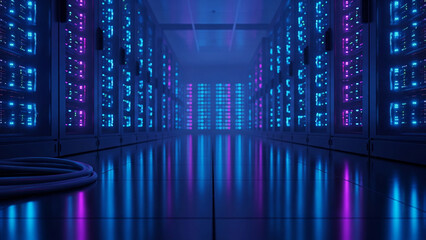 A server room filled with rows of lit computer servers, displaying blue and purple lights, reflecting on the shiny floor.