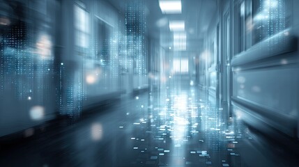 Obraz premium Digital data overlay in a hospital corridor.