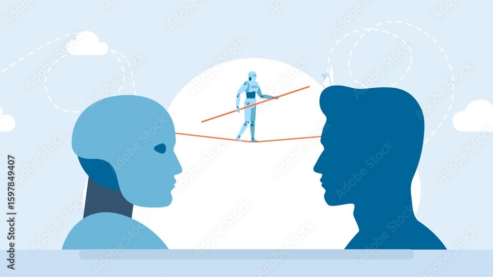 Poster balance between human and artificial intelligence. input data machine learning. the head of a robot 