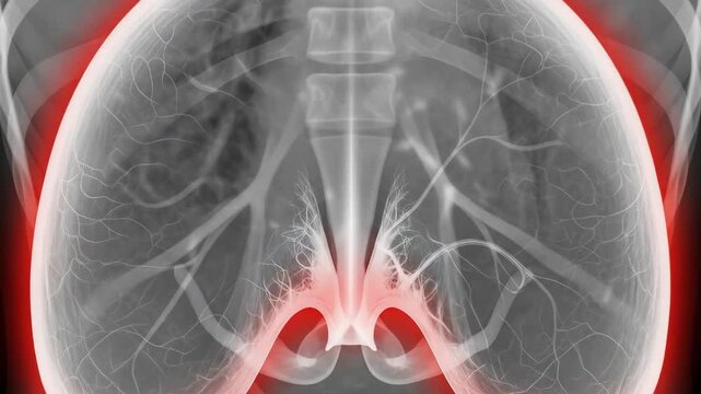 Dynamic X-ray animation of the human chest showing the diaphragm and lungs in motion during the natural breathing process