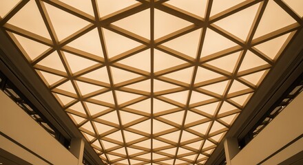 Geometric Ceiling Structure: Triangular Pattern in Warm Tones, Architectural Design