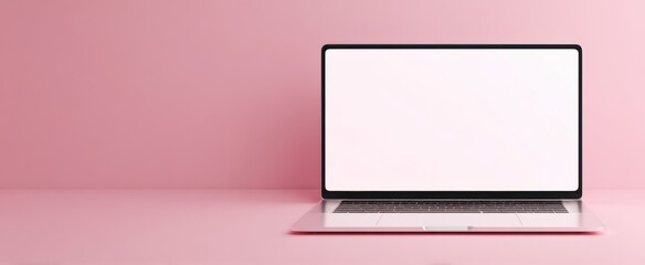 The sleek laptop on a pink background for modern workspace aesthetics.