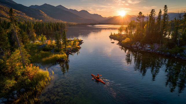 Kayaker enjoys serene mountain lake at sunrise amidst autumn foliage