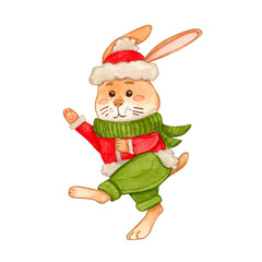 Cute Christmas bunny in red sweater, green pants, scarf, and Santa hat. Watercolor illustration in cartoon style. Perfect for holiday cards, winter childrens designs, festive decorations, printables.