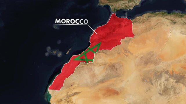 Zoom from Earth to Morocco. (Country Flag) World map animation with highlighted country borders. Satellite 3d world map animation highlights aerial views, tourism, and travel. 4k