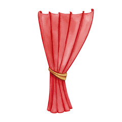 A red stage curtain tied with a golden ribbon. Watercolor illustration of a theater element. Christmas holiday. Perfect for performance themed designs, festive decor, books, and creative projects.