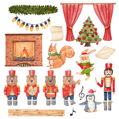 A cozy Christmas scene with fireplace, toys, tree, curtain, and decor. Watercolor illustrations. Garland, Christmas orchestra. Warm festive style with vintage feel. Great for cards, posters, books.