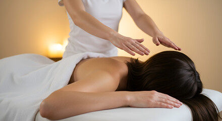 Fototapeta premium Woman receiving reiki treatment lying on her stomach in a spa center