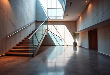 Obraz premium Sleek modern staircase with glass and metal handrail, polished concrete flooring, risers, contemporary