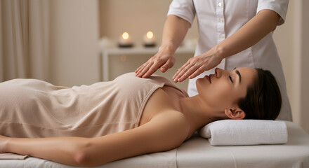 Obraz premium Woman receiving reiki healing treatment on her chest for stress reduction and wellness