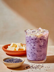Refreshing purple beverage with ice and creamy topping beside ingredients