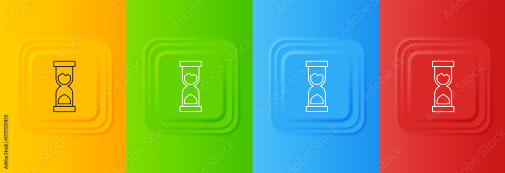 Poster white old hourglass with flowing sand icon isolated on colorful background. sand clock sign. busines