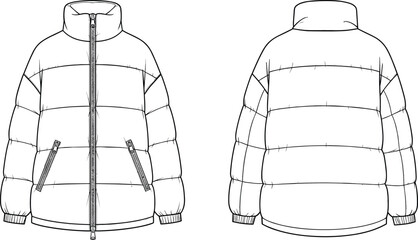Front and back flat sketch puffer jacket template, high neck winter coat, fashion technical drawing, zipper pockets, quilted outerwear design