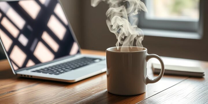 Steam rising from coffee in mug beside laptop on wooden table, desk, comfort