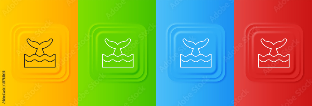 Poster white whale tail in ocean wave icon isolated on colorful background. set icons in square buttons. ve