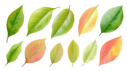 Fototapeta premium Scattered peach leaves layout in watercolor isolated on transparent background