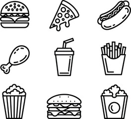 Collection of hand drawn outline icons representing popular fast food items