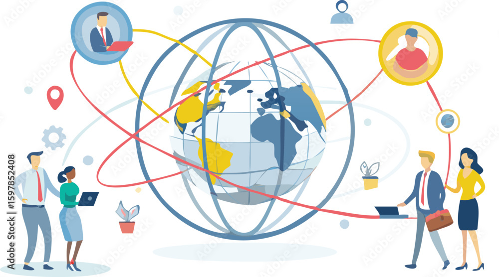 Aufkleber global network illustration showing people connected around the world with lines and a globe image