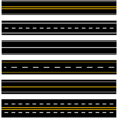 Set of seamless road markings on a white isolated background. highways. Vector illustration