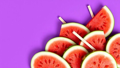 Vibrant watermelon slices with wooden sticks arranged on a purple background, bright, background